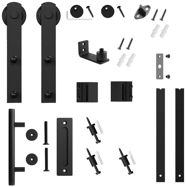 Alt view image 7 of 7 - 4 FT Heavy Duty Sturdy Sliding Barn Door Hardware Kit, Black (Whole Set Includes 1x Pull Handle Set & 1x Floor Guide) Fit 24" Wide Door Panel (I Shape Hanger)
