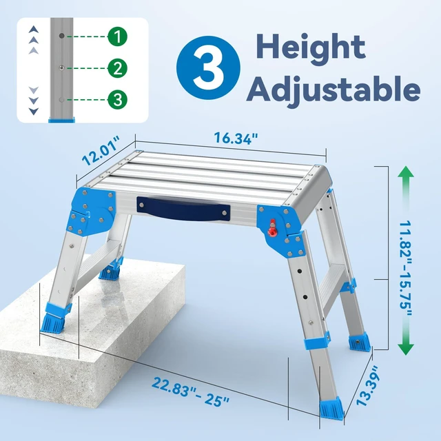 Alt view image 3 of 6 - Work Platform 440 lbs with One-Touch Automatic Fold, Standard, Blue Folding Step Stool, 3 Height Adjustment Platform Step, Perfect for RV Cleaning, Home Painting and Reaching High Places