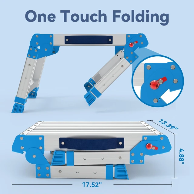 Alt view image 5 of 6 - Work Platform 440 lbs with One-Touch Automatic Fold, Standard, Blue Folding Step Stool, 3 Height Adjustment Platform Step, Perfect for RV Cleaning, Home Painting and Reaching High Places