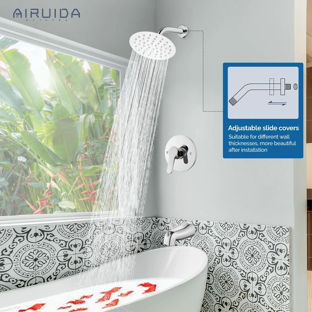 Alt view image 3 of 7 - Shower Faucet Set with Tub Spout,6" Bathtub Faucet-Chrome Polish Male Threads Rough-In Valve,Round Head Shower System,Tub and Shower Kit Set