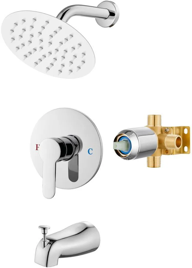Main image of Shower Faucet Set with Tub Spout,6" Bathtub Faucet-Chrome Polish Male Threads Rough-In Valve,Round Head Shower System,Tub and Shower Kit Set
