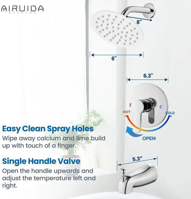 Alt view image 4 of 7 - Shower Faucet Set with Tub Spout,6" Bathtub Faucet-Chrome Polish Male Threads Rough-In Valve,Round Head Shower System,Tub and Shower Kit Set