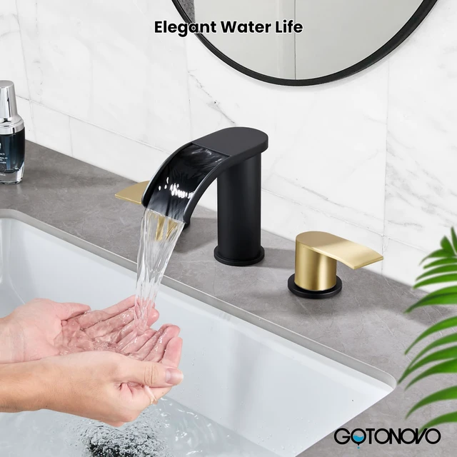 Alt view image 2 of 7 - Waterfall Bathroom Faucet 3 Hole Round Body,Matte Black&Gold SUS304 8 Widespread Bathroom Sink Faucet,2.17 Wide Spout,24 cUPC Hose,Pop Up Drain,2 Handle,Vanity,Lavatory,Basin,RV