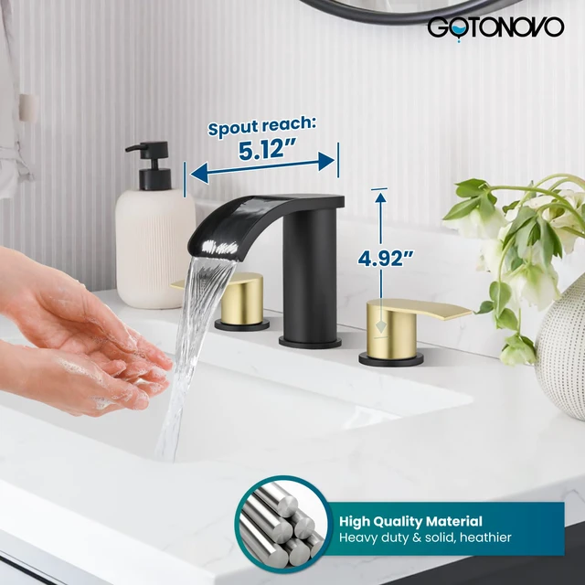 Alt view image 3 of 7 - Waterfall Bathroom Faucet 3 Hole Round Body,Matte Black&Gold SUS304 8 Widespread Bathroom Sink Faucet,2.17 Wide Spout,24 cUPC Hose,Pop Up Drain,2 Handle,Vanity,Lavatory,Basin,RV