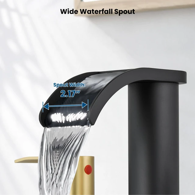 Alt view image 4 of 7 - Waterfall Bathroom Faucet 3 Hole Round Body,Matte Black&Gold SUS304 8 Widespread Bathroom Sink Faucet,2.17 Wide Spout,24 cUPC Hose,Pop Up Drain,2 Handle,Vanity,Lavatory,Basin,RV