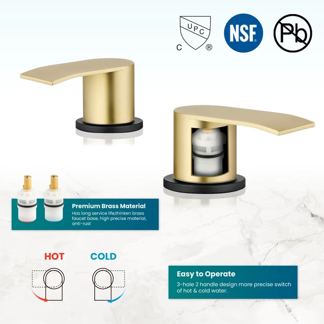 Alt view image 5 of 7 - Waterfall Bathroom Faucet 3 Hole Round Body,Matte Black&Gold SUS304 8 Widespread Bathroom Sink Faucet,2.17 Wide Spout,24 cUPC Hose,Pop Up Drain,2 Handle,Vanity,Lavatory,Basin,RV