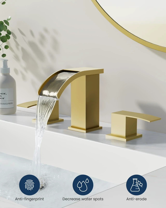 Alt view image 2 of 7 - Waterfall Bathroom Faucet 3 Hole Square Body,Brushed Gold SUS304 8 Widespread Bathroom Sink Faucet,2.17 Wide Spout,24 cUPC Hose,Pop Up Drain,2 Handle,Vanity,Lavatory,Basin,RV