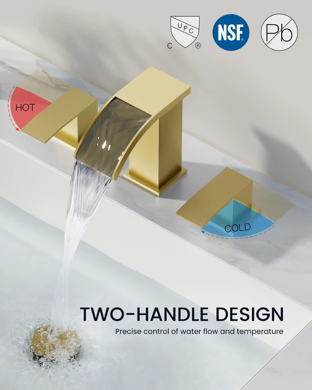 Alt view image 3 of 7 - Waterfall Bathroom Faucet 3 Hole Square Body,Brushed Gold SUS304 8 Widespread Bathroom Sink Faucet,2.17 Wide Spout,24 cUPC Hose,Pop Up Drain,2 Handle,Vanity,Lavatory,Basin,RV