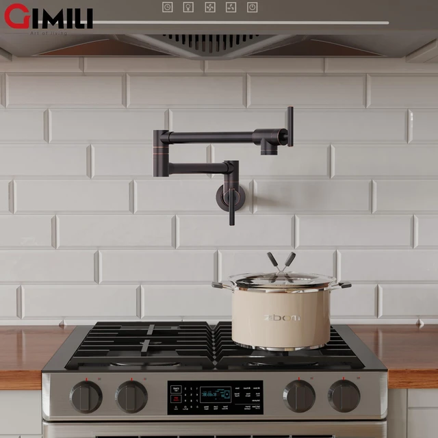 Alt view image 2 of 6 - Pot Filler Oil Rubbed Bronze Kitchen Stove Faucet 26.6 inch Pot Filler Faucet Wall Mount with Double Joint Swing Arm Two Handles NPT