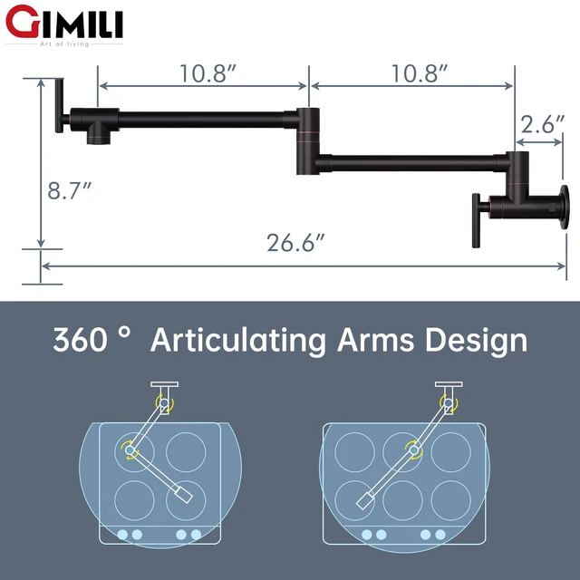 Alt view image 4 of 6 - Pot Filler Oil Rubbed Bronze Kitchen Stove Faucet 26.6 inch Pot Filler Faucet Wall Mount with Double Joint Swing Arm Two Handles NPT