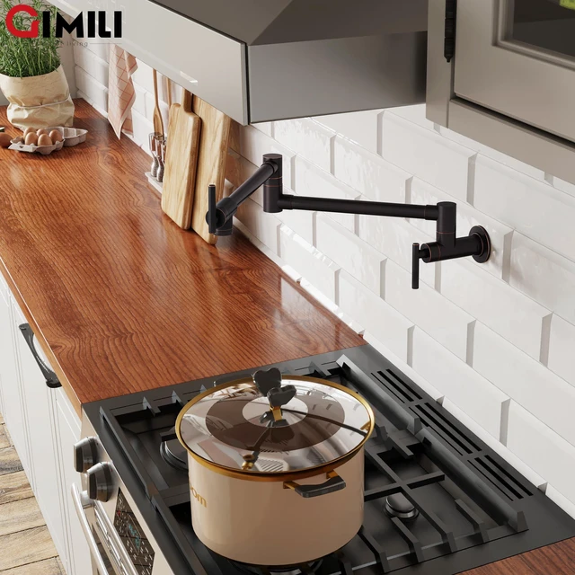 Alt view image 6 of 6 - Pot Filler Oil Rubbed Bronze Kitchen Stove Faucet 26.6 inch Pot Filler Faucet Wall Mount with Double Joint Swing Arm Two Handles NPT