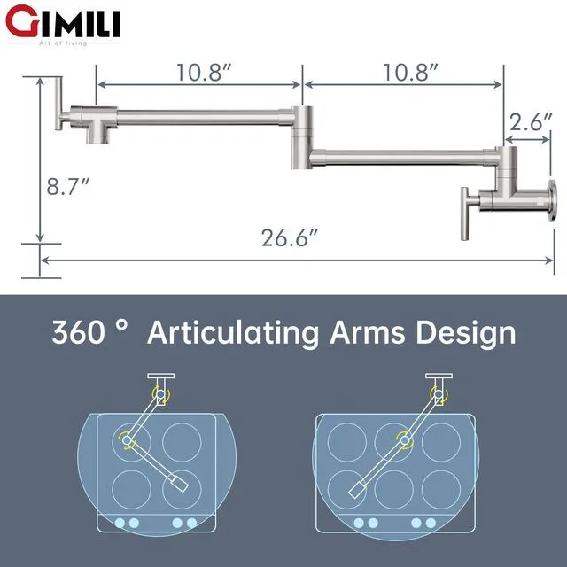 Alt view image 3 of 6 - Pot Filler Brushed Nickel Kitchen Stove Faucet 26.6 inch Pot Filler Faucet Wall Mount with Double Joint Swing Arm Two Handles NPT