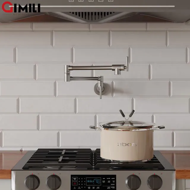 Alt view image 2 of 6 - Pot Filler Brushed Nickel Kitchen Stove Faucet 26.6 inch Pot Filler Faucet Wall Mount with Double Joint Swing Arm Two Handles NPT