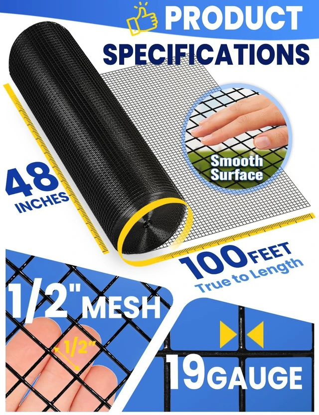 Alt view image 2 of 7 - Black Vinyl Coated Hardware Cloth 1/2 Inch 48inx100ft 19 Gauge, Welded Wire Fencing Chicken Wire Mesh Roll Cage Wire Netting