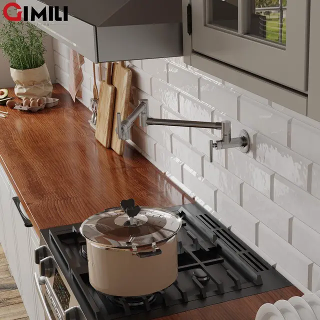 Alt view image 5 of 6 - Pot Filler Brushed Nickel Kitchen Stove Faucet 26.6 inch Pot Filler Faucet Wall Mount with Double Joint Swing Arm Two Handles NPT