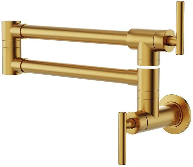 Main image of Pot Filler Brushed Gold Kitchen Stove Faucet 26.6 inch Pot Filler Faucet Wall Mount with Double Joint Swing Arm Two Handles NPT