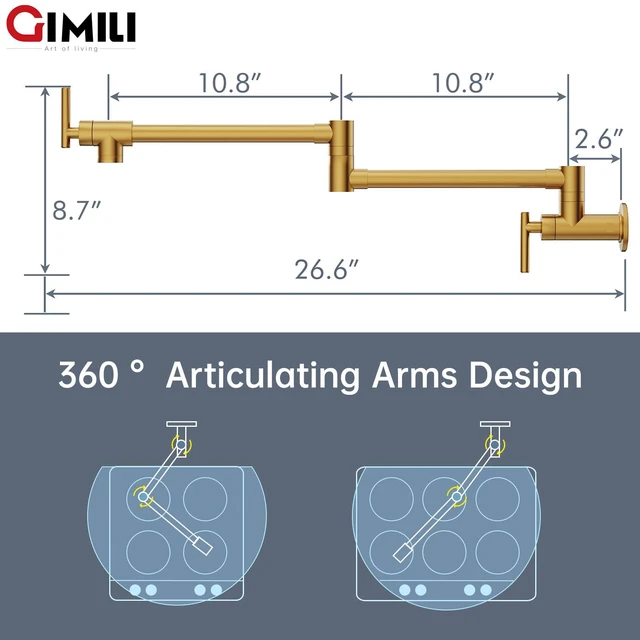 Alt view image 2 of 6 - Pot Filler Brushed Gold Kitchen Stove Faucet 26.6 inch Pot Filler Faucet Wall Mount with Double Joint Swing Arm Two Handles NPT