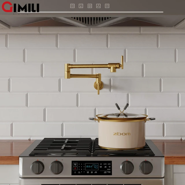 Alt view image 3 of 6 - Pot Filler Brushed Gold Kitchen Stove Faucet 26.6 inch Pot Filler Faucet Wall Mount with Double Joint Swing Arm Two Handles NPT