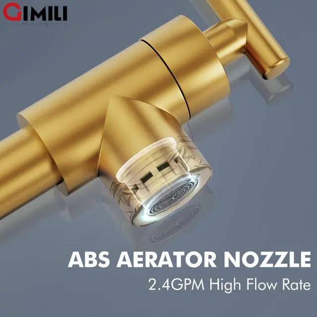 Alt view image 4 of 6 - Pot Filler Brushed Gold Kitchen Stove Faucet 26.6 inch Pot Filler Faucet Wall Mount with Double Joint Swing Arm Two Handles NPT
