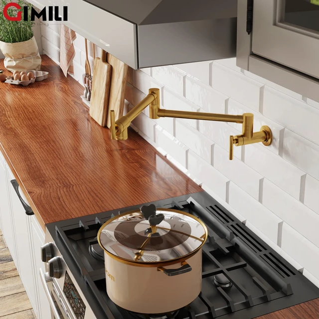 Alt view image 5 of 6 - Pot Filler Brushed Gold Kitchen Stove Faucet 26.6 inch Pot Filler Faucet Wall Mount with Double Joint Swing Arm Two Handles NPT