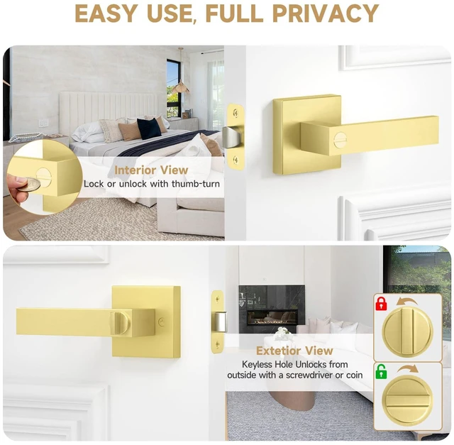 Alt view image 3 of 7 - 8 Pack Gold Door Handles Interior Bedroom Door Lock, Privacy Keyless Door Knobs with Lock, Heavy Duty Zinc Alloy Door Lockset for Bedrooms Bathrooms, Reversible for Left & Right Handled Doors