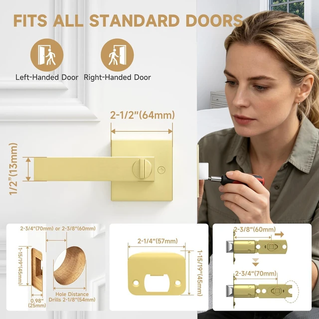 Alt view image 5 of 7 - 8 Pack Gold Door Handles Interior Bedroom Door Lock, Privacy Keyless Door Knobs with Lock, Heavy Duty Zinc Alloy Door Lockset for Bedrooms Bathrooms, Reversible for Left & Right Handled Doors