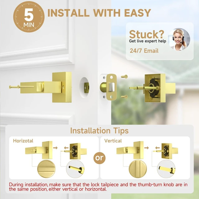 Alt view image 6 of 7 - 8 Pack Gold Door Handles Interior Bedroom Door Lock, Privacy Keyless Door Knobs with Lock, Heavy Duty Zinc Alloy Door Lockset for Bedrooms Bathrooms, Reversible for Left & Right Handled Doors