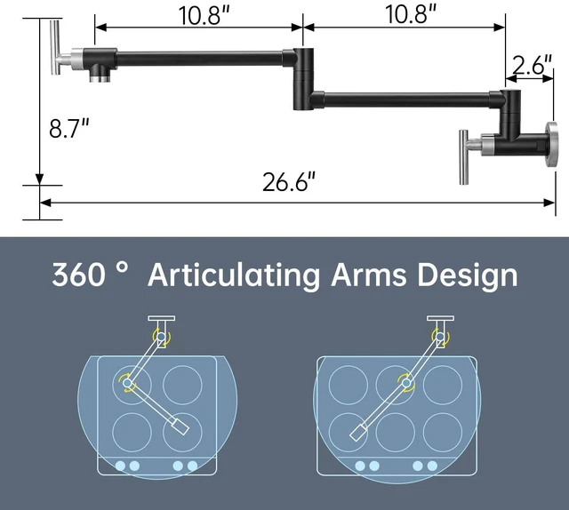 Alt view image 2 of 6 - Pot Filler Black and Nickel Kitchen Stove Faucet 26.6 inch Pot Filler Faucet Wall Mount with Double Joint Swing Arm Two Handles NPT