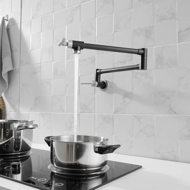 Alt view image 5 of 6 - Pot Filler Black and Nickel Kitchen Stove Faucet 26.6 inch Pot Filler Faucet Wall Mount with Double Joint Swing Arm Two Handles NPT