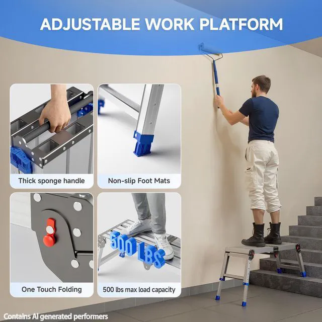 Alt view image 3 of 7 - Folding Work Platform for Adults, Portable Aluminum Step Stool 500lb 13.7"-19.5" Adjustable Height, 11.8" x 32.7" Wide Platform for Garage, Painting, Reach High Shelves, Gardening, Car Wash