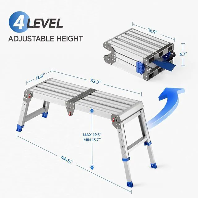 Alt view image 4 of 7 - Folding Work Platform for Adults, Portable Aluminum Step Stool 500lb 13.7"-19.5" Adjustable Height, 11.8" x 32.7" Wide Platform for Garage, Painting, Reach High Shelves, Gardening, Car Wash