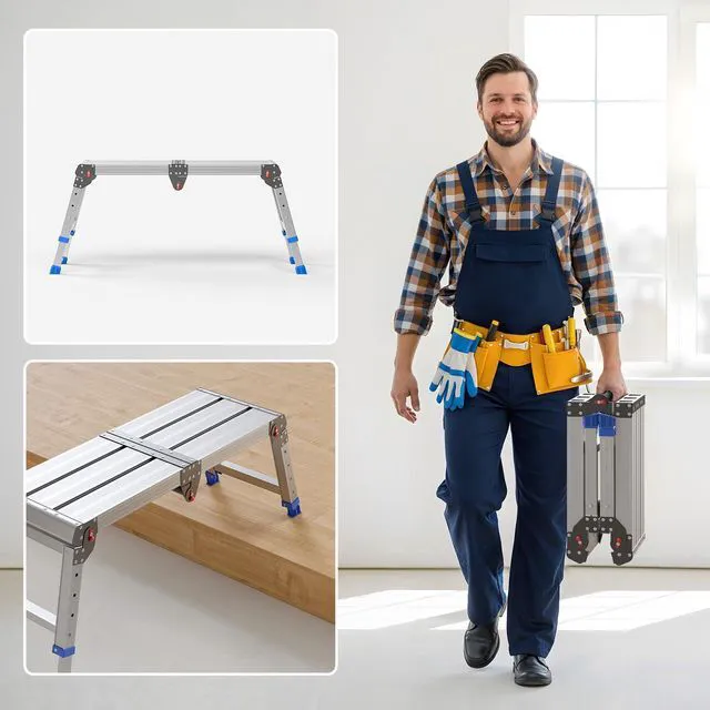 Alt view image 5 of 7 - Folding Work Platform for Adults, Portable Aluminum Step Stool 500lb 13.7"-19.5" Adjustable Height, 11.8" x 32.7" Wide Platform for Garage, Painting, Reach High Shelves, Gardening, Car Wash