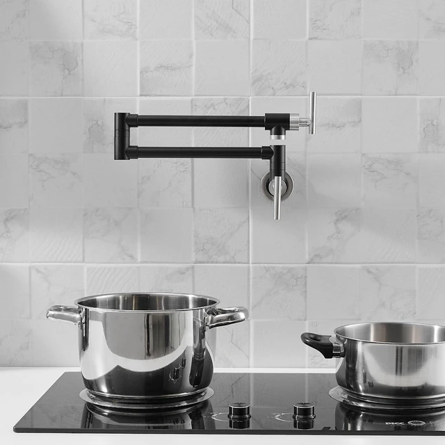 Alt view image 6 of 6 - Pot Filler Black and Nickel Kitchen Stove Faucet 26.6 inch Pot Filler Faucet Wall Mount with Double Joint Swing Arm Two Handles NPT