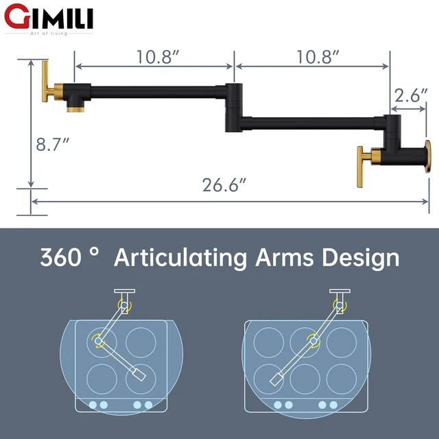 Alt view image 2 of 6 - Pot Filler Black and Gold Kitchen Stove Faucet 26.6 inch Pot Filler Faucet Wall Mount with Double Joint Swing Arm Two Handles NPT