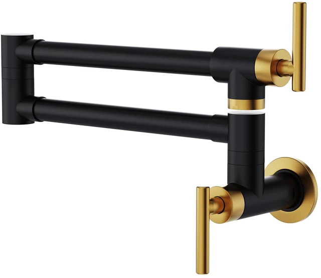 Main image of Pot Filler Black and Gold Kitchen Stove Faucet 26.6 inch Pot Filler Faucet Wall Mount with Double Joint Swing Arm Two Handles NPT