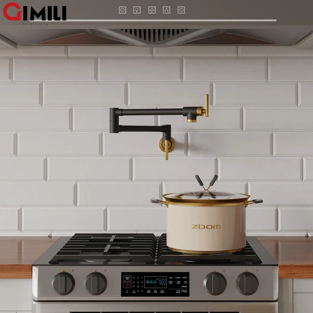 Alt view image 6 of 6 - Pot Filler Black and Gold Kitchen Stove Faucet 26.6 inch Pot Filler Faucet Wall Mount with Double Joint Swing Arm Two Handles NPT