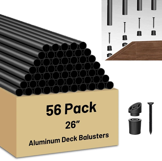 Main image of 56 Pack 26 inch Aluminum Balusters for Deck Railing,Black Round Metal Spindles for Staircase,3/4" Diameter Hollow Deck Ballasters with Screws and Connectors for Railing Fencing Porch Stair Spindles
