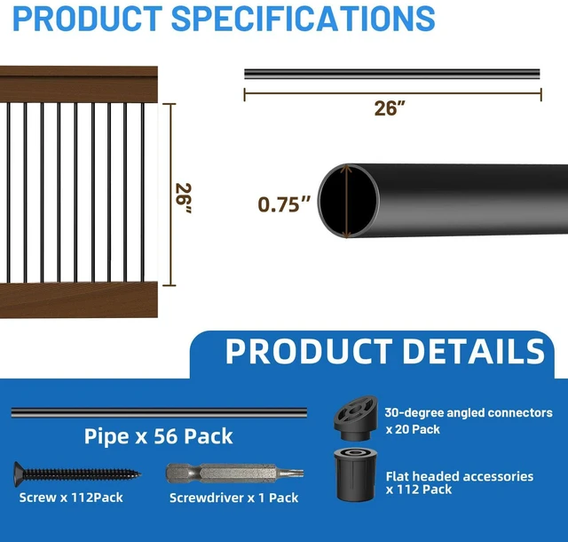 Alt view image 2 of 7 - 56 Pack 26 inch Aluminum Balusters for Deck Railing,Black Round Metal Spindles for Staircase,3/4" Diameter Hollow Deck Ballasters with Screws and Connectors for Railing Fencing Porch Stair Spindles