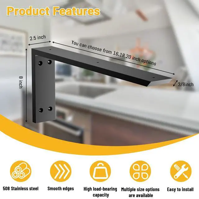 Alt view image 4 of 7 - Countertop Support Bracket 20 inch 4 Pack (3/8" Thick),Premium Heavy Duty Granite Countertop Brackets 20"x8"x2.5",Shelf L Bracket Mantel Corbels for Quartz,Wood,Concrete and Laminate Countertops