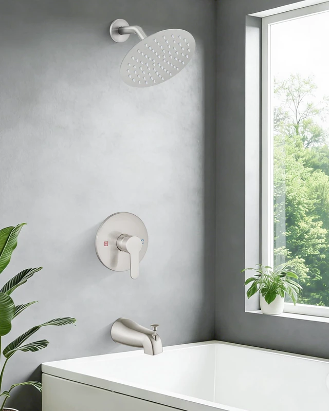 Alt view image 2 of 7 - Shower Faucet Set with Tub Spout,8" Bathtub Faucet-Brushed Nickel Male Threads Rough-In Valve,Round Head Shower System,Tub and Shower Kit Set