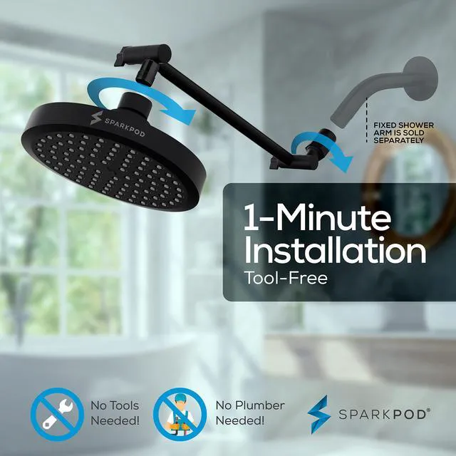 Alt view image 6 of 7 - 6" Round Rain Shower Head with 11" Shower Arm Shower Head & Extension Arm Combo, Height Adjustable, High Pressure Performance, Easy 1-Minute Installation, Black Matte