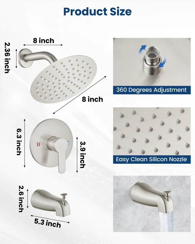 Alt view image 7 of 7 - Shower Faucet Set with Tub Spout,8" Bathtub Faucet-Brushed Nickel Male Threads Rough-In Valve,Round Head Shower System,Tub and Shower Kit Set