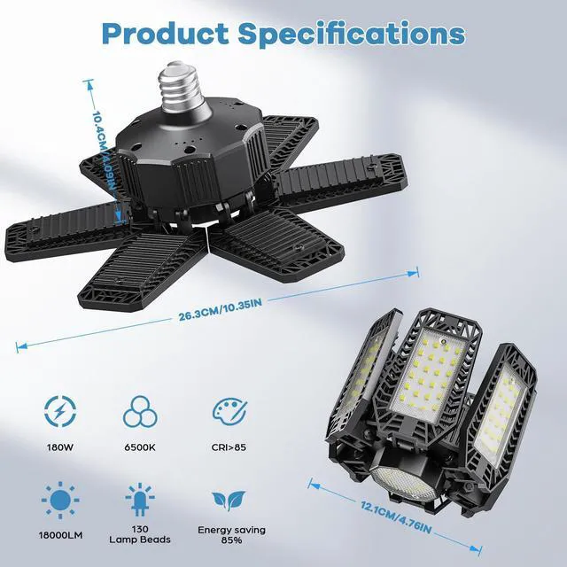 Alt view image 4 of 7 - 8 Pack Garage Light - 180W 18000 LM 6500K Deformable Garage Lights Ceiling LED with 6+1 Adjustable Panels, Shop Lights E26/E27 Screw Socket for workshops, Parking, Basement, Storage Room