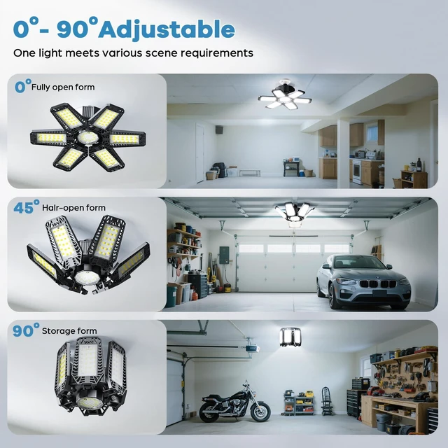Alt view image 5 of 7 - 8 Pack Garage Light - 180W 18000 LM 6500K Deformable Garage Lights Ceiling LED with 6+1 Adjustable Panels, Shop Lights E26/E27 Screw Socket for workshops, Parking, Basement, Storage Room
