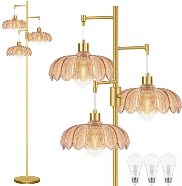 Main image of Dimmable Floor Lamp for Living Room Bedroom-3 Light Gold Floor Lamp with Glass Lampshape, Flower Tall Lamp Mid Century Modern Standing Lamp Glass Tree Floor Lamps for Living Room Bedroom,Corner