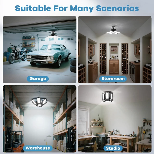 Alt view image 7 of 7 - 8 Pack Garage Light - 180W 18000 LM 6500K Deformable Garage Lights Ceiling LED with 6+1 Adjustable Panels, Shop Lights E26/E27 Screw Socket for workshops, Parking, Basement, Storage Room