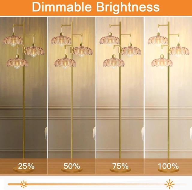 Alt view image 2 of 7 - Dimmable Floor Lamp for Living Room Bedroom-3 Light Gold Floor Lamp with Glass Lampshape, Flower Tall Lamp Mid Century Modern Standing Lamp Glass Tree Floor Lamps for Living Room Bedroom,Corner