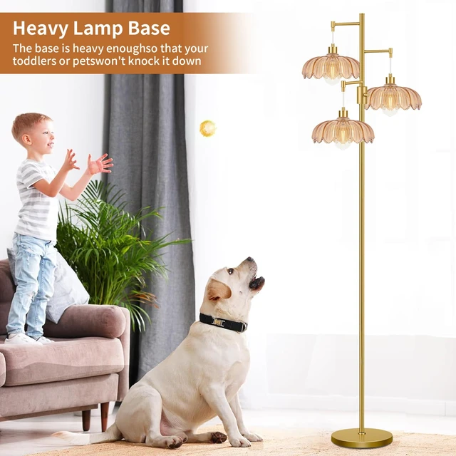 Alt view image 3 of 7 - Dimmable Floor Lamp for Living Room Bedroom-3 Light Gold Floor Lamp with Glass Lampshape, Flower Tall Lamp Mid Century Modern Standing Lamp Glass Tree Floor Lamps for Living Room Bedroom,Corner