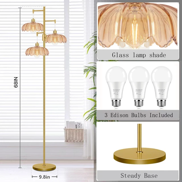 Alt view image 5 of 7 - Dimmable Floor Lamp for Living Room Bedroom-3 Light Gold Floor Lamp with Glass Lampshape, Flower Tall Lamp Mid Century Modern Standing Lamp Glass Tree Floor Lamps for Living Room Bedroom,Corner