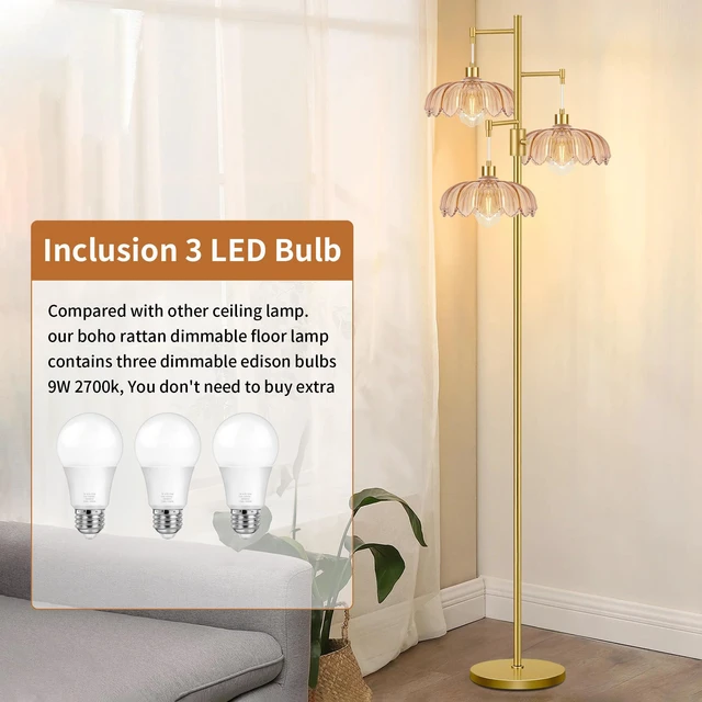 Alt view image 4 of 7 - Dimmable Floor Lamp for Living Room Bedroom-3 Light Gold Floor Lamp with Glass Lampshape, Flower Tall Lamp Mid Century Modern Standing Lamp Glass Tree Floor Lamps for Living Room Bedroom,Corner